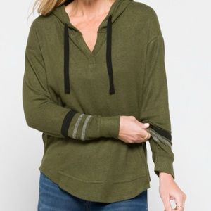 Brushed Knit Hoodie, olive green with black stripes on arm, Sz XL